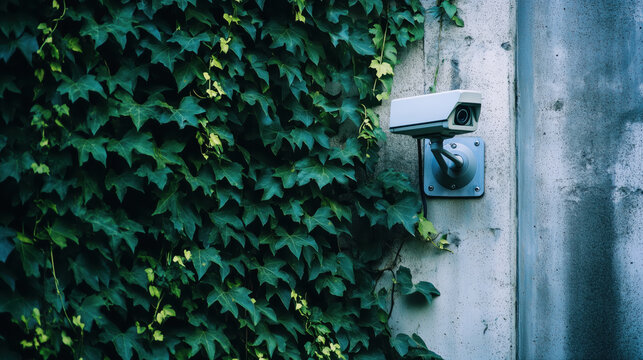 Security camera mounted on concrete wall with green ivy leaves creeping around it. Home protection systems, property surveillance, environmental integration - Powered by Adobe