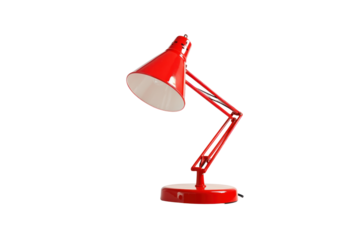 A vibrant red desk lamp with an adjustable arm and a cone-shaped shade, ideal for reading or workspaces.