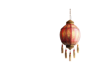 A vibrant red lantern with intricate gold patterns and tassels hanging, symbolizing celebration and good fortune.