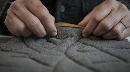 Detailed Craftsmanship of Textile Art with Hands Working on Quilted Fabric Piece