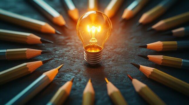 A series of pencils arranged in a circular pattern around a glowing light bulb, representing collective brainstorming, 3D rendering with copyspace 