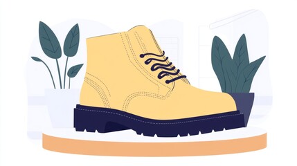Stylish Yellow Boot on a Wooden Surface Surrounded by Indoor Plants and Minimalist Background Elements