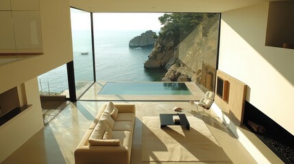 Fototapeta premium Modern Living Room with Ocean View and Infinity Pool in Luxury Home