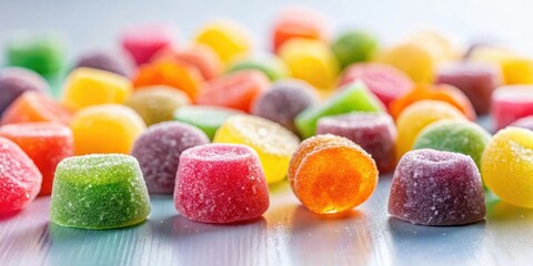 A delightful assortment of colorful, sugary, chewy, fruity candies, displayed on a smooth surface