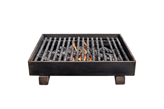 A view of a barbecue grill with blackened grates and no food, still hot from the last use, with embers glowing faintly beneath.