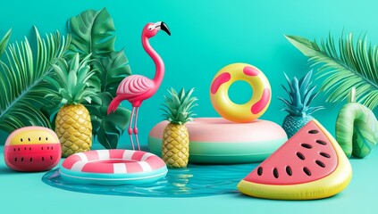 Brightly colored swim rings featuring flamingo, watermelon, and pineapple designs.