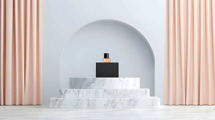 Elegant Perfume Bottle Display On Three Tiered Marble Podium With Pink Curtains Arch And White Background In A Modern Minimalist Setting