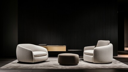 Modern Minimalist Living Room with Stylish Armchairs and Elegant Ottoman on a Soft Rug