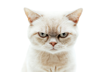 A white cat with a small, sad frown and slightly downturned ears, staring directly at the camera with a pitiful expression. Its soft fur contrasts with the clean white background.
