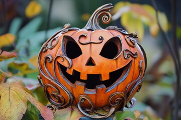 A beautifully designed Halloween pumpkin showcases intricate swirls, creating a cheerful yet spooky atmosphere. Perfect for autumn festivities and decorations.