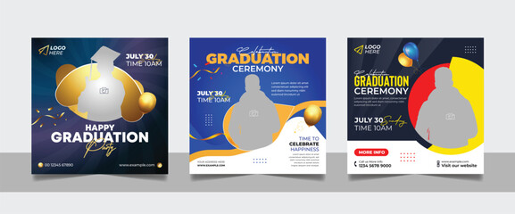 Graduation event greeting social media post education celebration square flyer wishes banner template with photo frame design set	