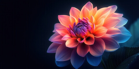 Obraz premium Vibrant dahlia blossom, orange, pink, and blue hues.