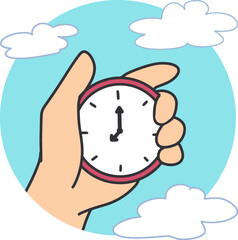 Time Management Concept Clock in Hand Vector Art. Perfect for themes related to time management, punctuality, and controlling schedule, Ideal for use in educational material, motivational poster
