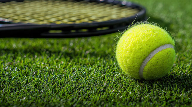 Close-up of vibrant yellow tennis ball placed next to a tennis racket on a lush green grass court