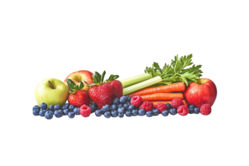 An assortment of fresh berries like strawberries, blueberries, and raspberries, paired with apples, carrots, and a couple of bunches of celery.