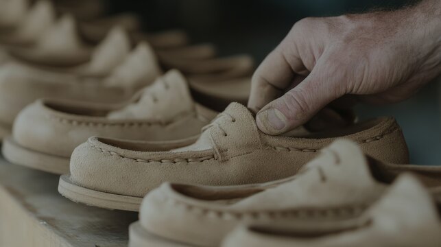 Hand Selecting Natural Leather Footwear in Workshop Setting for Quality Craftsmanship and Design Appreciation