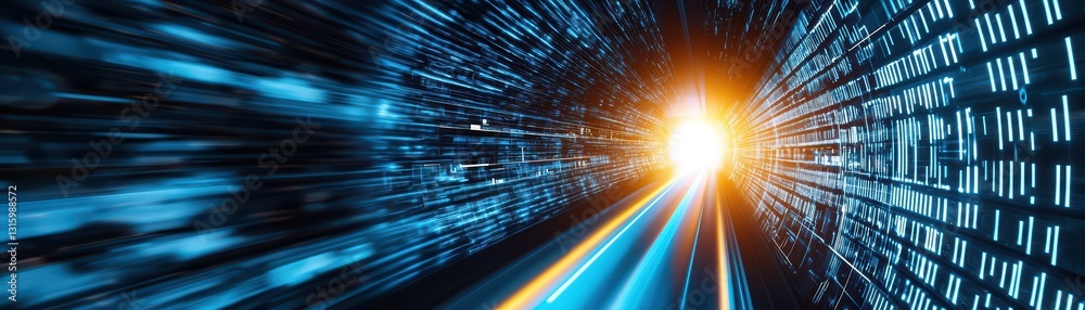 Poster futuristic coding academy in virtual space with glowing lines and data streams