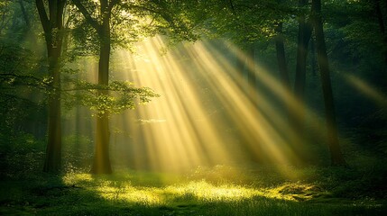 Sunbeams piercing through lush green forest canopy.