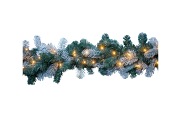 An elegant arrangement of Christmas garland with soft, glowing bokeh lights twinkling, set against a deep blue background that enhances the festive atmosphere.