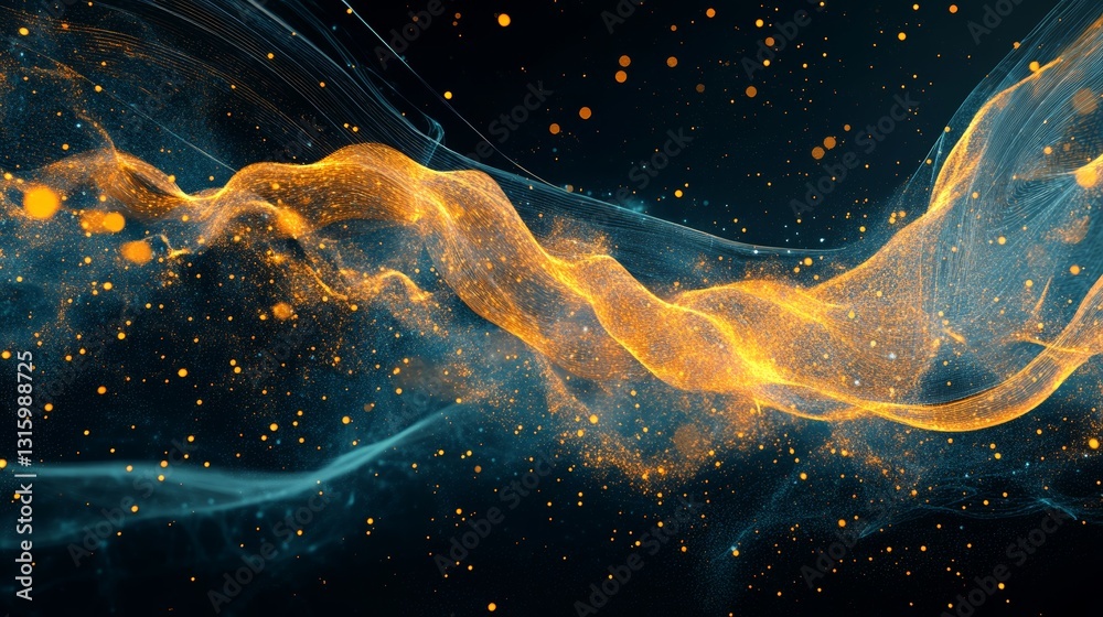 Poster this abstract image features flowing light trails and glowing particles, creating an ethereal and vi