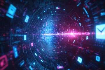 Experience a mesmerizing abstract digital tunnel featuring glowing particles and dynamic data streams that depict futuristic technology and vibrant cyberspace.