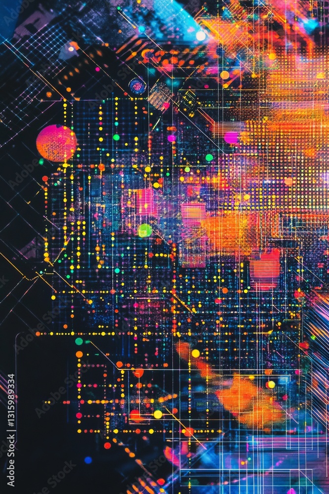 Poster explore a vivid abstract background showcasing sensor networks in iot technology, featuring bright c