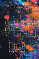 Explore a vivid abstract background showcasing sensor networks in IoT technology, featuring bright colors and intricate designs that represent modern digital connections.