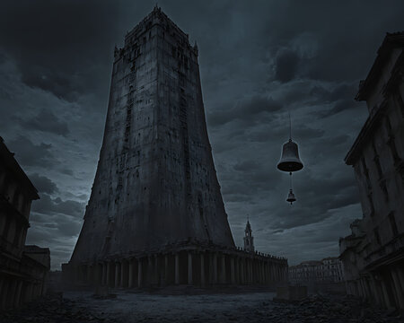 A monolithic bell tower looms over a desolate city, its weathered stone surface covered in cryptic inscriptions.