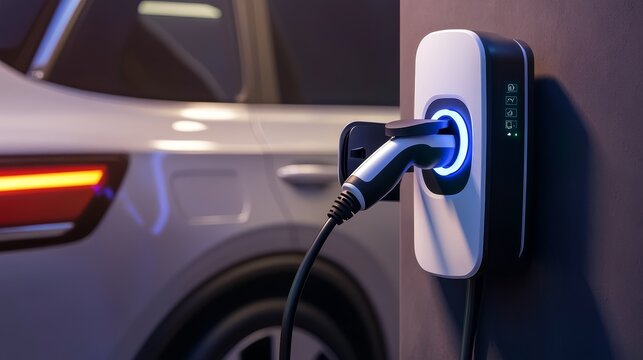 Electric vehicle charging station with car in background, showcasing modern technology and convenience