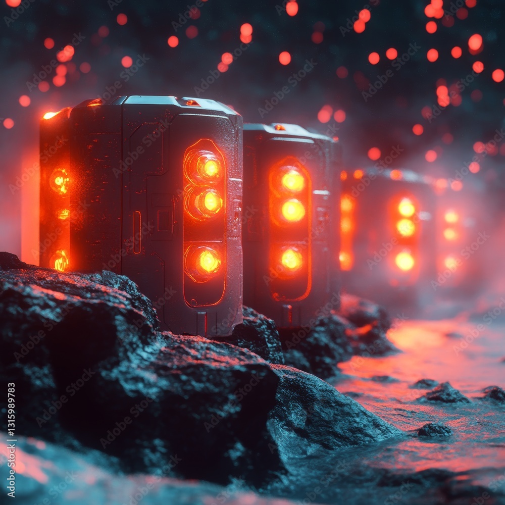 Canvas Prints a captivating futuristic scene featuring glowing neon cylinders, creating a striking atmosphere in a