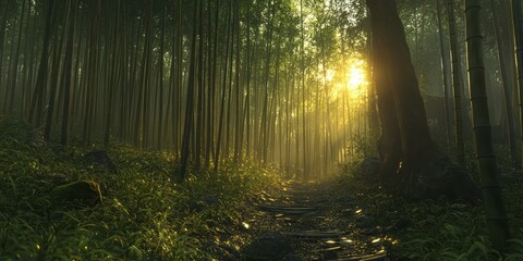 Fototapeta premium Tranquil Bamboo Forest Path with Soft Sunlight Breaking Through