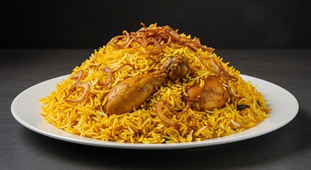 A heaping plate of fragrant biryani with tender, spiced chicken, saffron-infused rice, and crispy fried onions