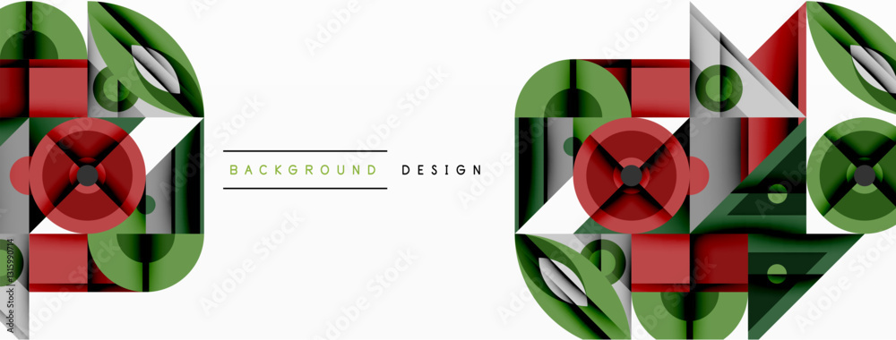 Poster Geometric abstract composition with intersecting shapes, circles, triangles, and gradients, blending vibrant colors and dynamic contrasts to create a modern, futuristic visual design