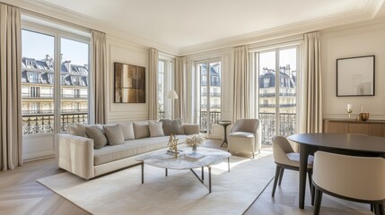 Fototapeta premium Elegant parisian apartment interior showcasing sophisticated decor comfortable seating and abundant natural light creating a serene and inviting atmosphere for modern living