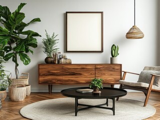 Elegant Living Room Interior with Wooden Furniture and Green Plants for Home Decor Inspiration and Modern Design Aesthetic
