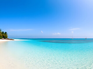 Idyllic Tropical Beach Scene Turquoise Water, White Sand, Clear Blue Sky, Paradise Vacation Destination.
