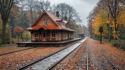 Obraz premium Charming Wooden Train Station at Autumn With Vibrant Leaves and Rainy Atmosphere in Scenic Landscape