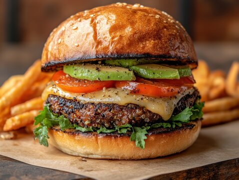 Delicious gourmet burger with avocado tomato cheese and fresh greens served with crispy golden fries closeup shot - Powered by Adobe