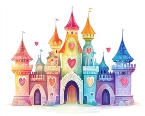 Fototapeta premium Rainbow castle fairytale illustration, hearts, children's book