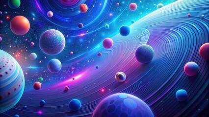 A vibrant cosmic scene featuring a swirling nebula and numerous celestial bodies of varying sizes and colors, exhibiting a captivating interplay of light and shadow within a boundless expanse.