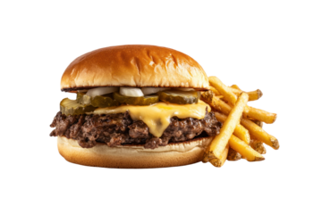 Close-up of a juicy beef burger with a thick slice of melted cheese, crisp pickles, and onions, served with a side of golden fries