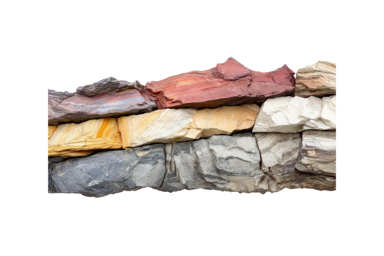 Close-up of sedimentary rocks arranged in distinct horizontal layers, each layer differing in color and composition