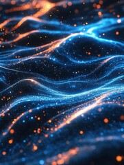 Obraz premium Abstract luminous waves in blue and orange hues creating a futuristic digital landscape with bokeh effect