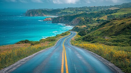 Scenic Coastal Road Surrounded by Lush Green Hills and Vibrant Blue Ocean Under Dramatic Clouds