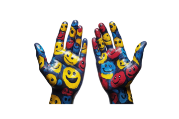 Close-up shot of two hands with fingers slightly spread, painted with various smiley faces in bright hues like yellow, red, and blue.