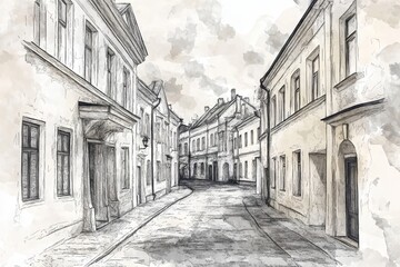 Old city street in hand drawn line sketch style. Urban romantic landscape. Vilnius. Black and white  illustration on watercolor background