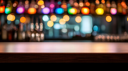 Empty Wooden Bar Counter Top With Colorful Blurred Background Of Bar At Night With Bokeh Lights Illuminated Background Template