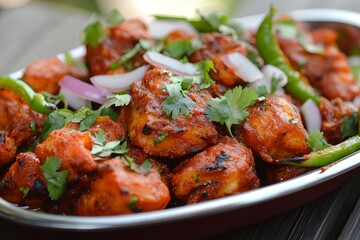 Fototapeta premium A vibrant and appetizing display of assorted spicy and flavorful Indian dishes, garnished with fresh herbs, onions, and green chili peppers, presented on a wooden table and ready to enjoy