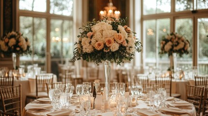 Elegant tall wedding centerpiece with peach and white roses. Perfect for wedding, event, or romantic themes.