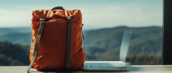Boundless Productivity Minimalist Remote Work Landscape with Rustic Backpack - Digital Nomad Lifestyle and Location-Independent Professional Environment